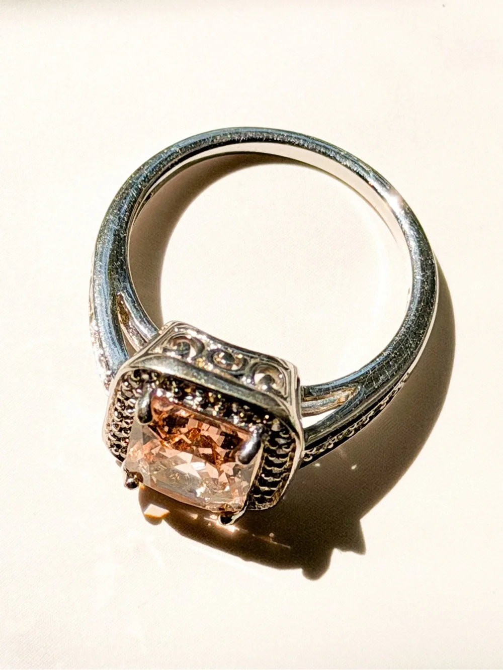 Peach Pink CZ Statement Ring Rhodium Plated Halo Large Cocktail Ring 7